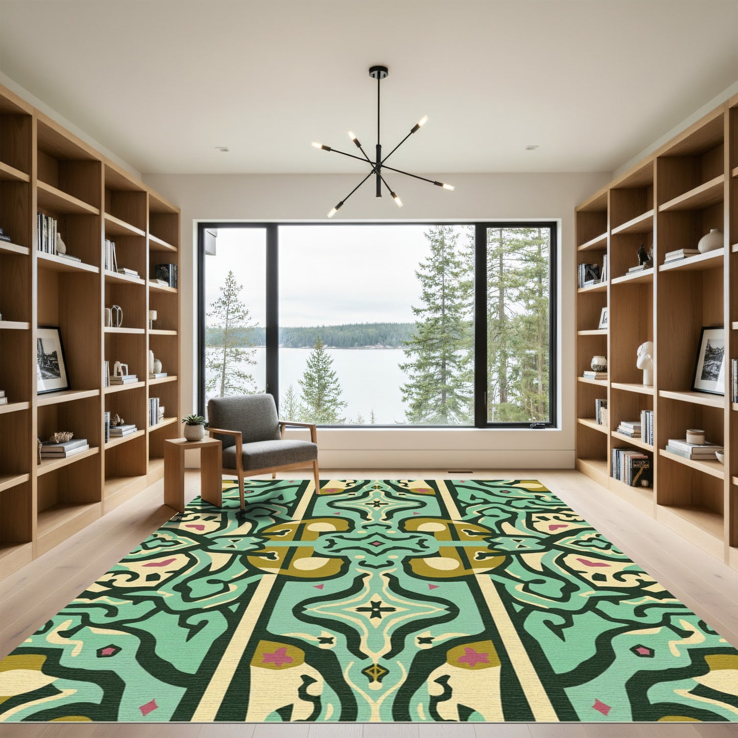 Muted Teal And Gold Abstract Forms Rug