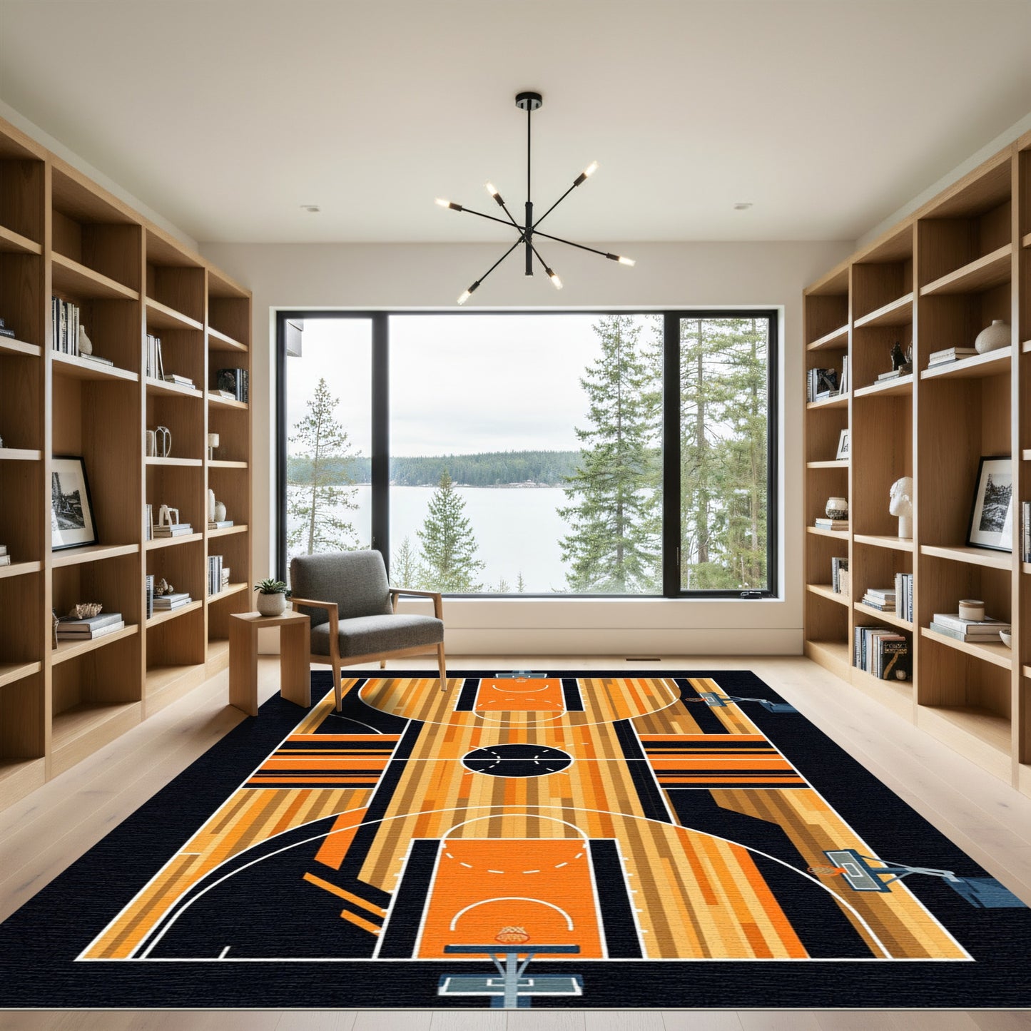 Modern Basketball Court Orange Black Graphic Rug