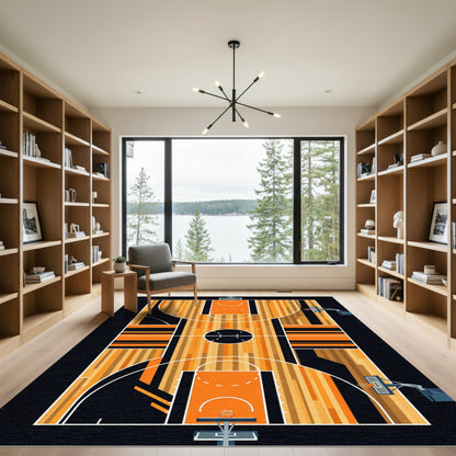 Modern Basketball Court Orange Black Graphic Rug