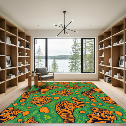 Whimsical Orange Tiger Green Jungle Rug