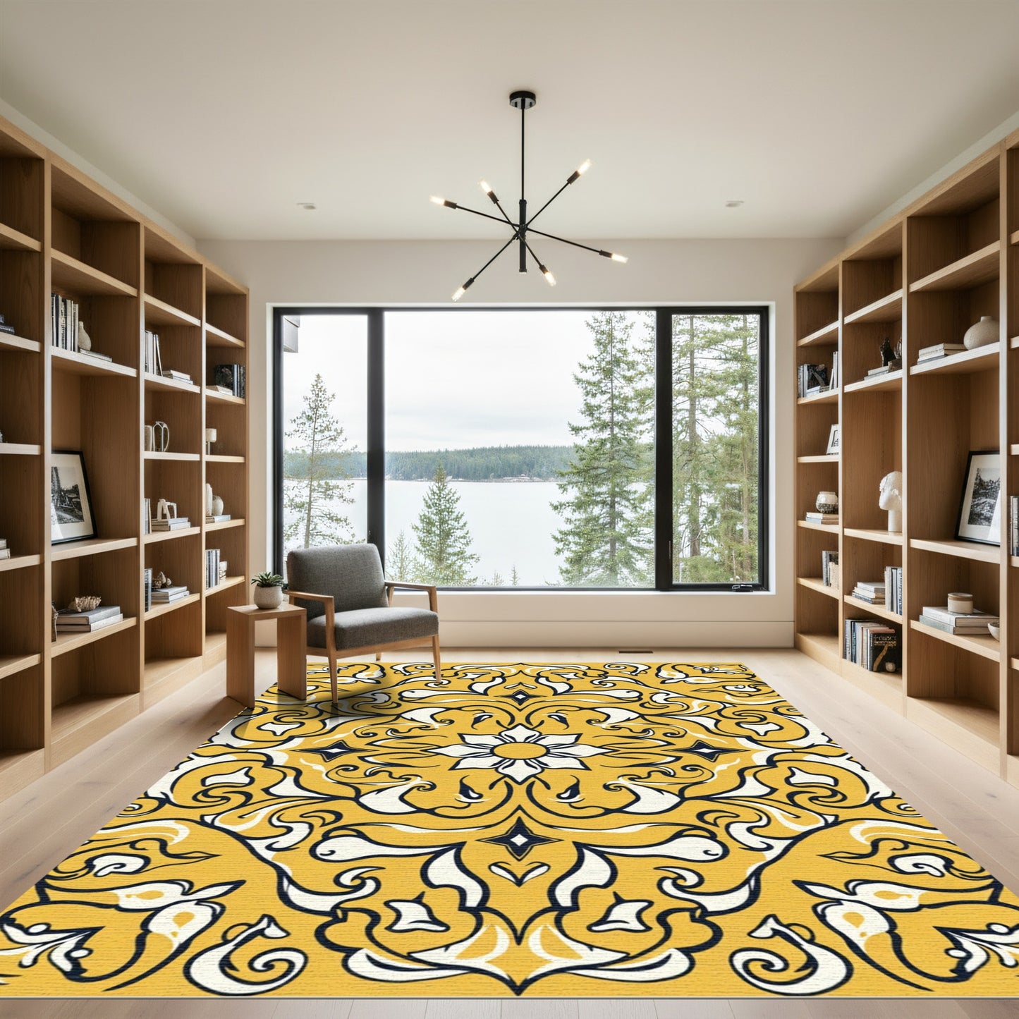 Golden Ochre Floral Swirl Medallion Rug