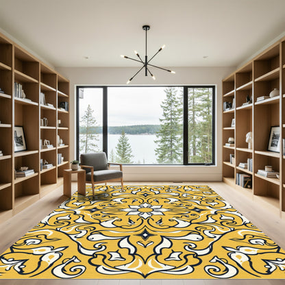 Golden Ochre Floral Swirl Medallion Rug