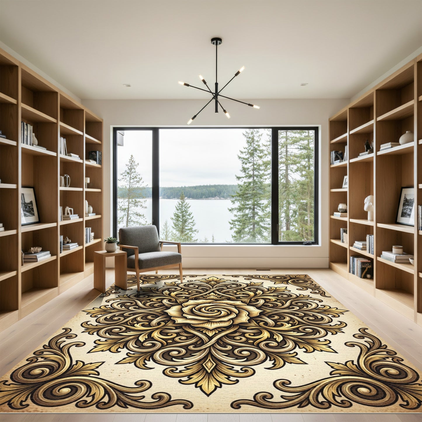 Intricate Golden Rose Ornamental Scrollwork Rug
