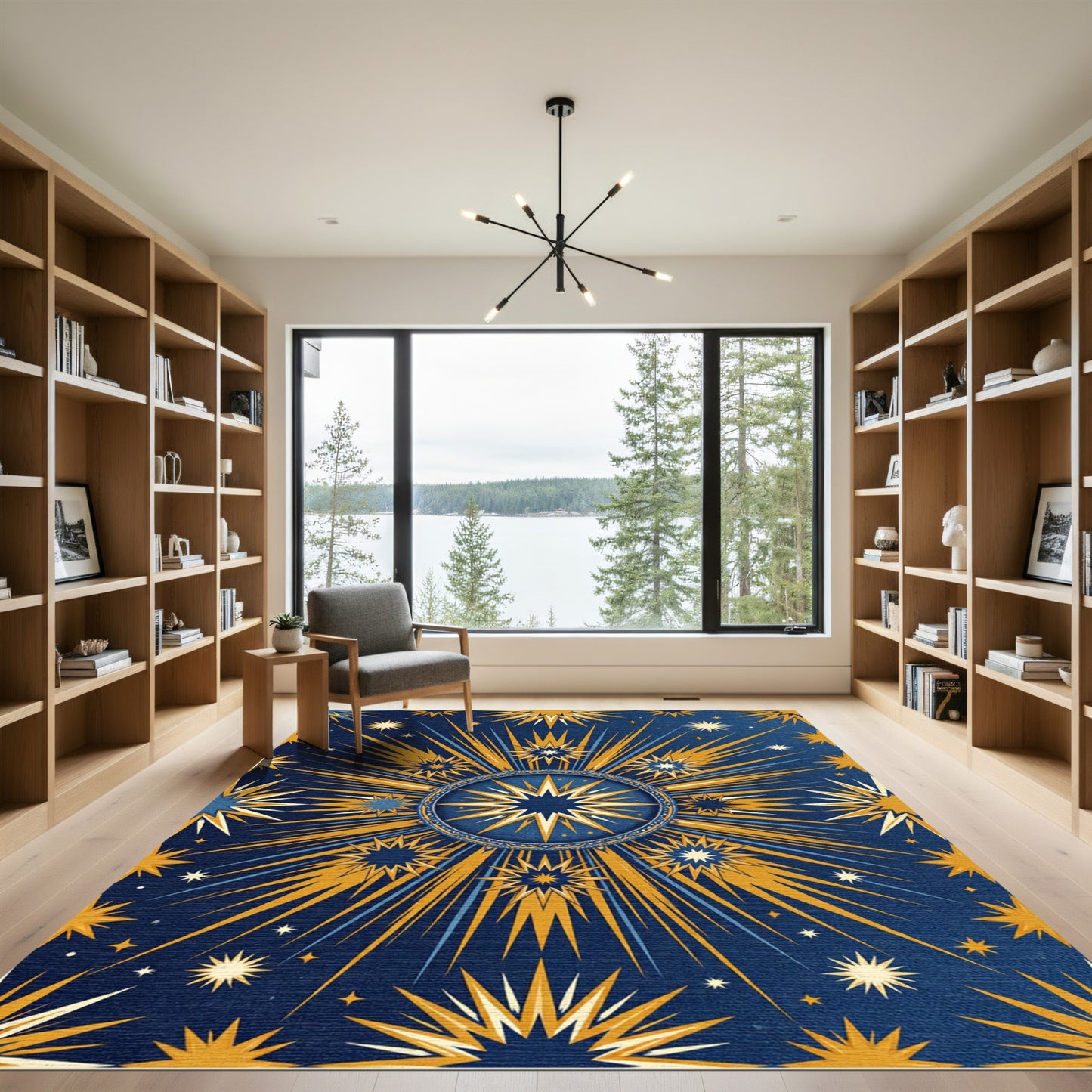 Celestial Navy Golden Radiant Starry Sun Rug