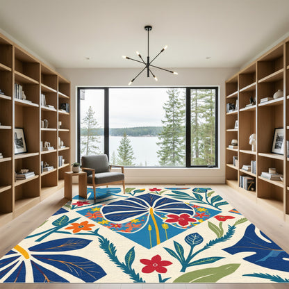 Vibrant Blue Tropical Floral Collage Rug