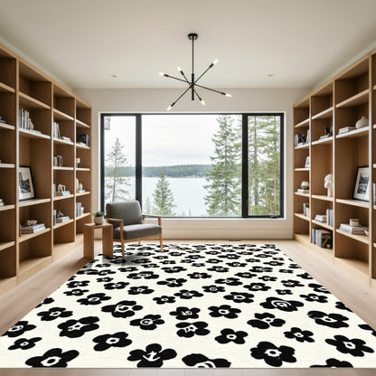 Bold Black Floral Imprint Background Rug