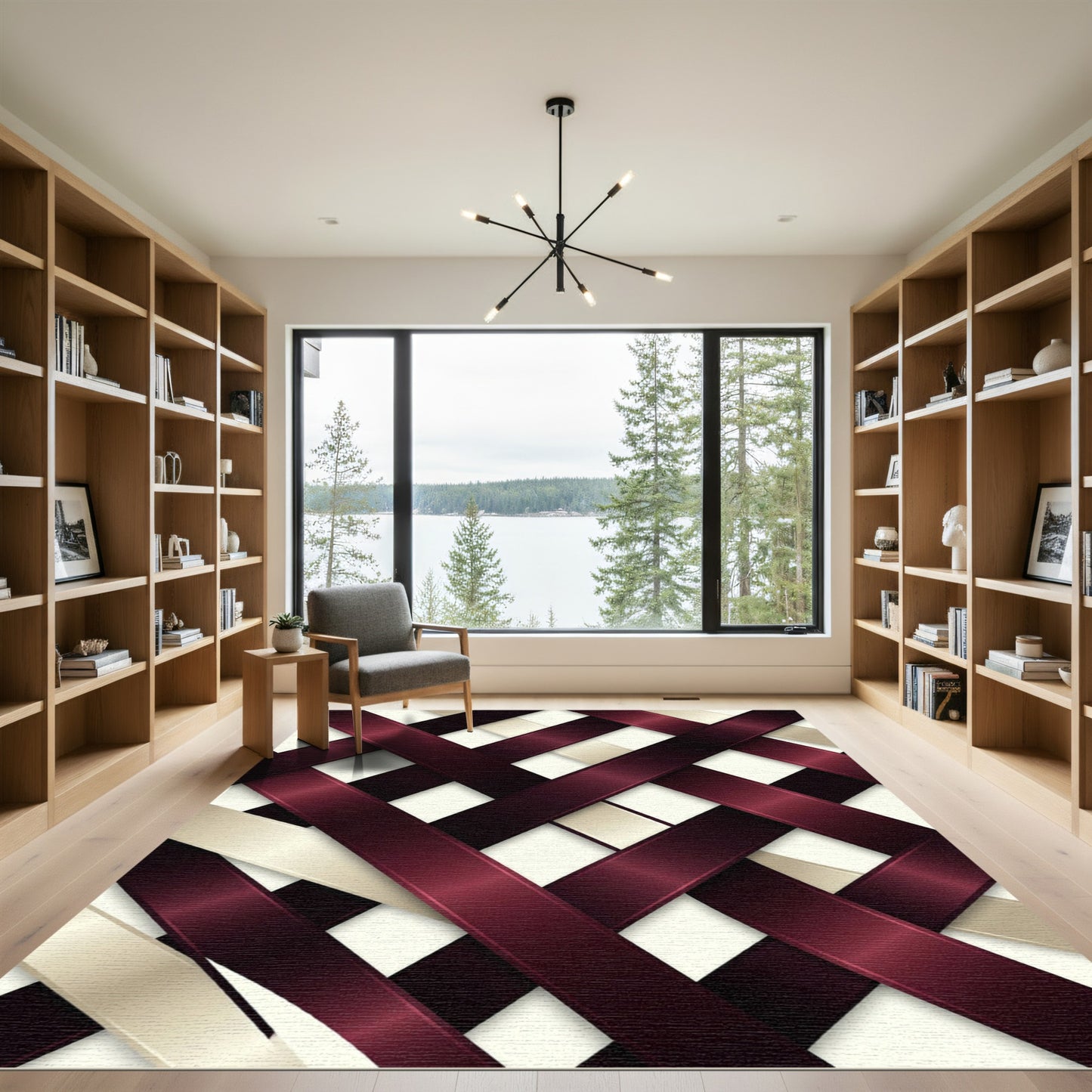 Crimson and Cream Interwoven Abstract Ribbon Rug