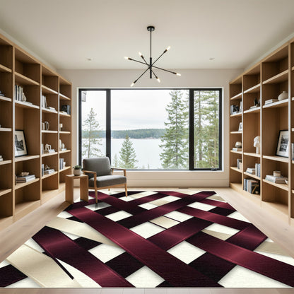 Crimson and Cream Interwoven Abstract Ribbon Rug