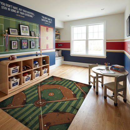 Vintage Distressed Baseball Diamond Pattern Rug