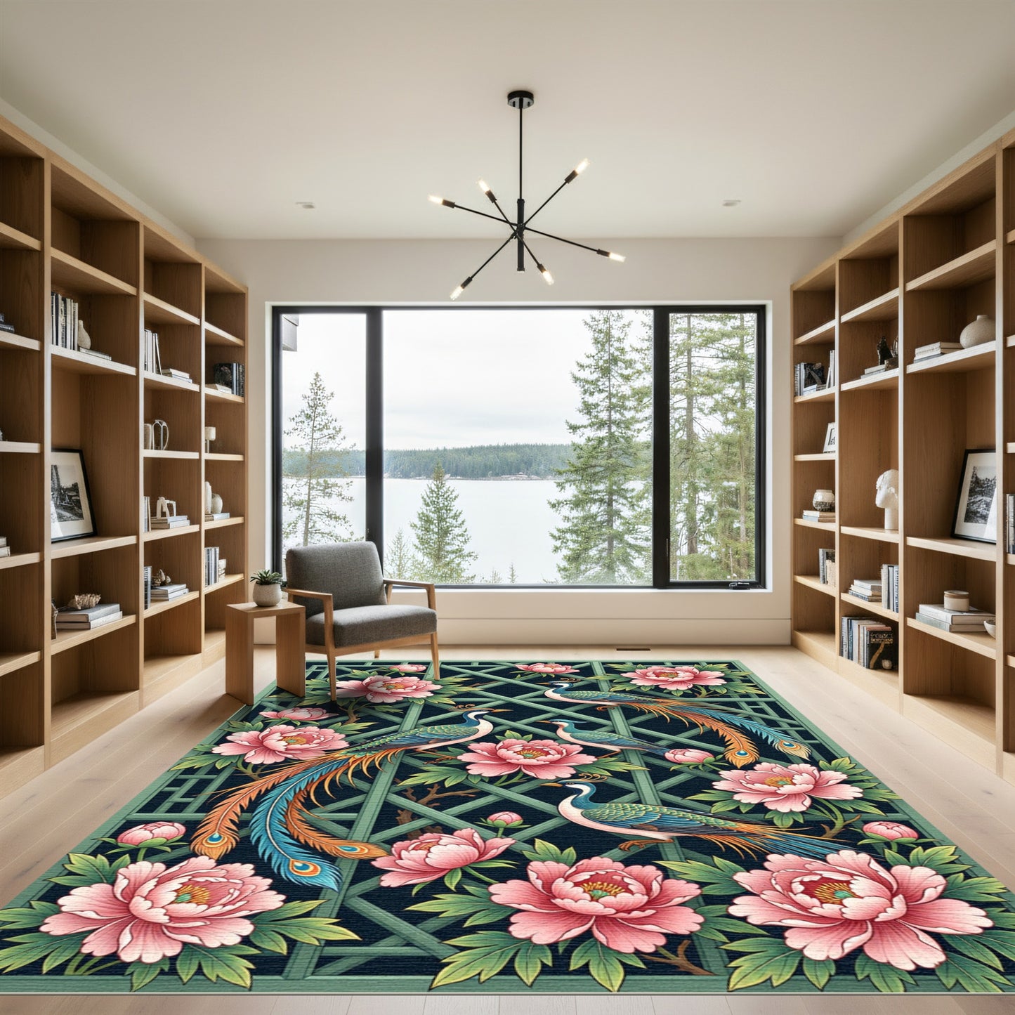 Elegant Peacock and Peony Lattice Rug