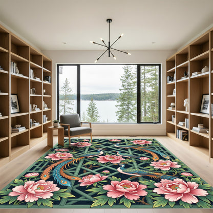 Elegant Peacock and Peony Lattice Rug