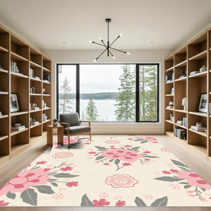 Pink Floral Garden with Gray Leaves Rug