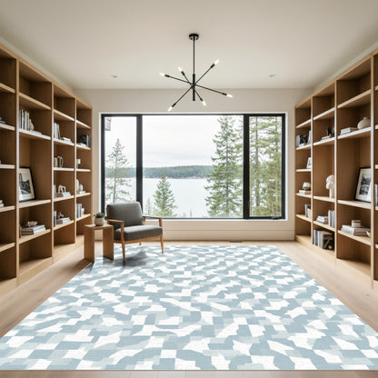 Abstract White Blue Fragmented Squares Rug