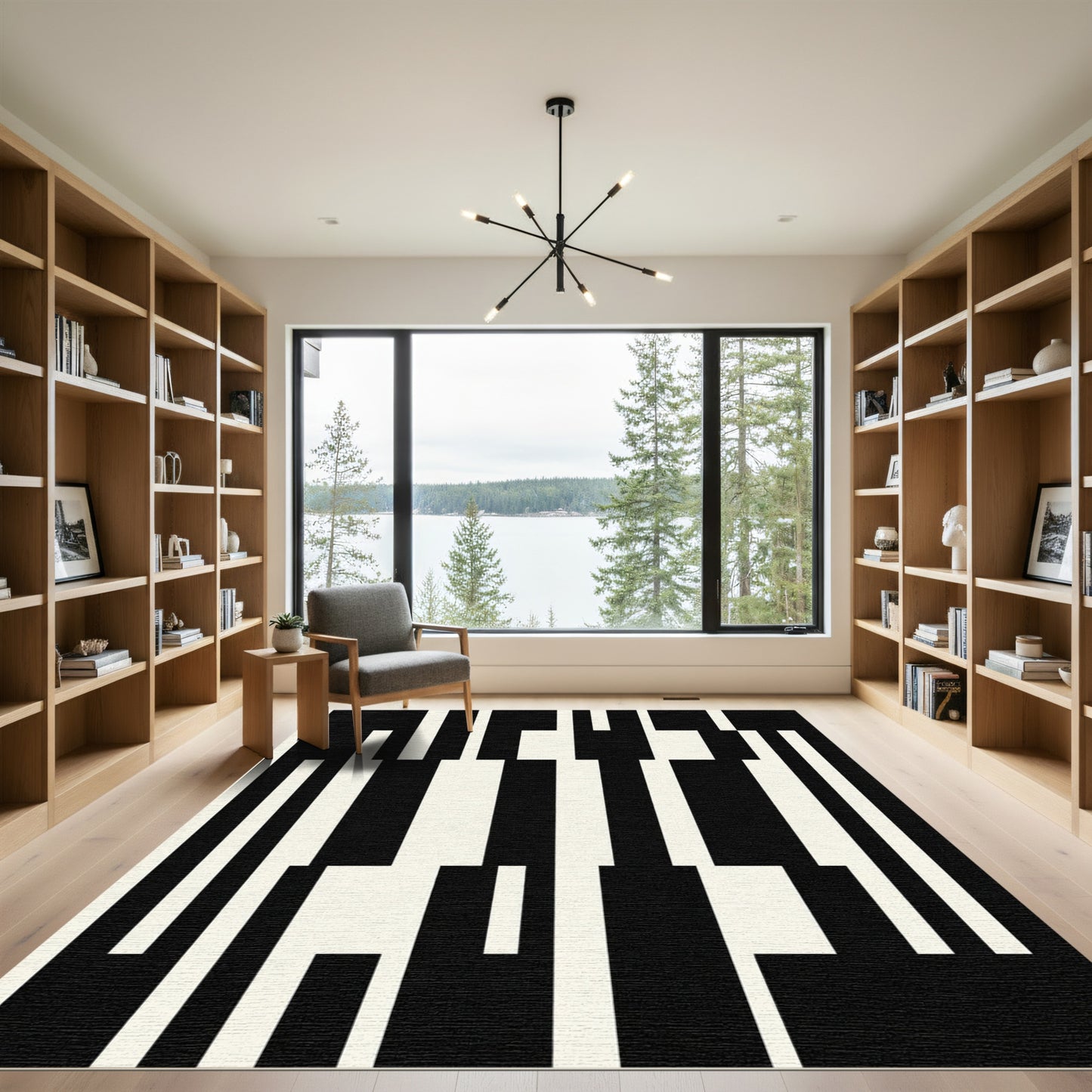 Monochrome Black White Geometric Bars Rug