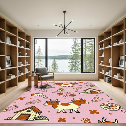Whimsical Pink Barn Cow Floral Pattern Rug