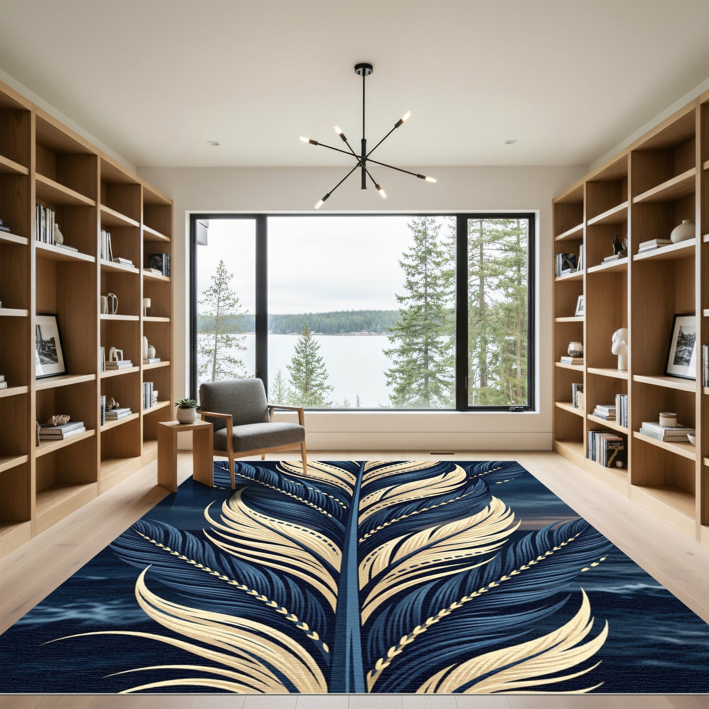 Golden Feather Navy Blue Symmetrical Art Rug