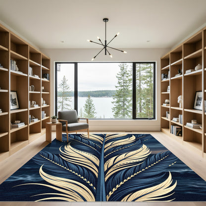 Golden Feather Navy Blue Symmetrical Art Rug