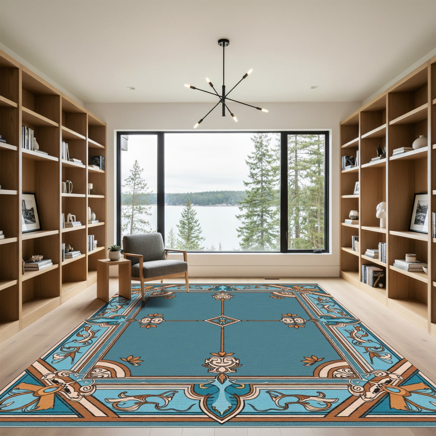 Teal Ornate Floral Geometric Border Rug