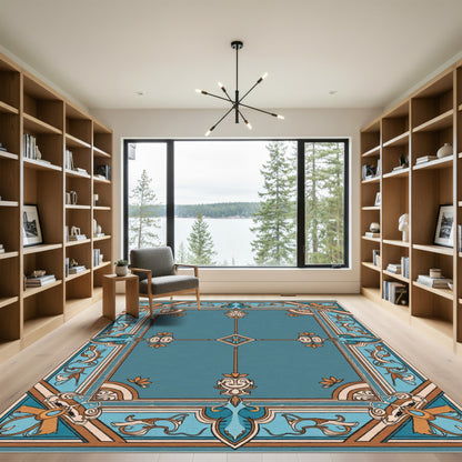 Teal Ornate Floral Geometric Border Rug