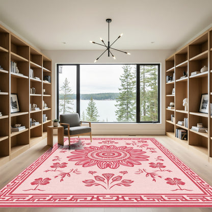 Crimson Floral Medallion Garden Border Rug