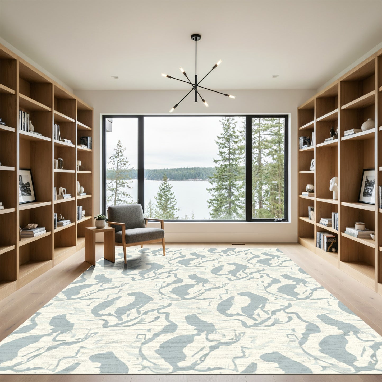Cream Blue Abstract Organic Branch Rug