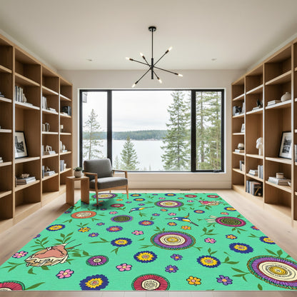 Whimsical Birds Floral Medallion Aqua Rug
