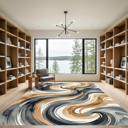 Modern Charcoal and Ochre Abstract Swirl Rug