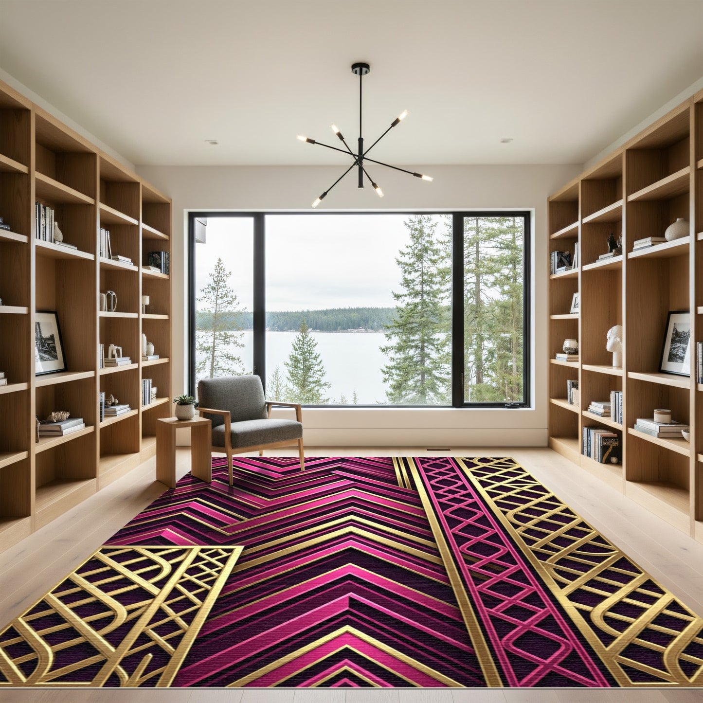 Art Deco Pink Gold Geometric Chevron Rug