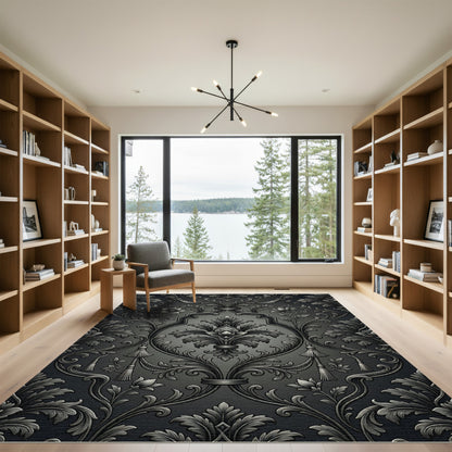 Ornate Gray Floral Scroll Tassel Rug