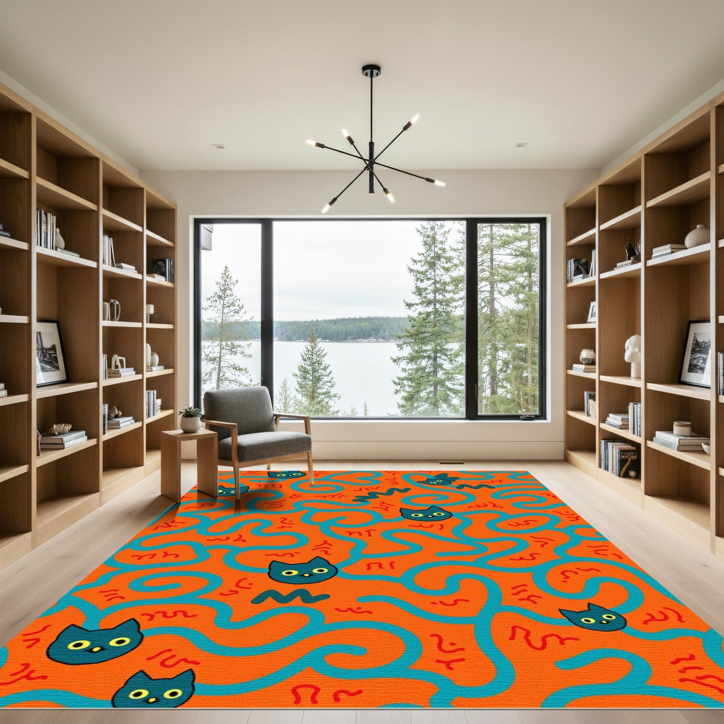 Whimsical Teal Cat Maze Rug
