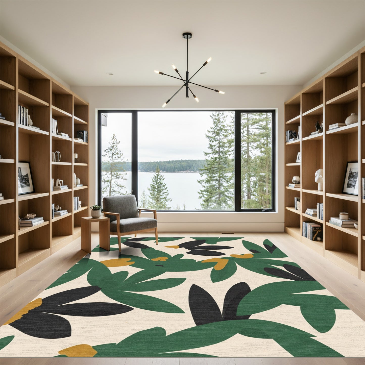 Green Black Ochre Abstract Botanical Rug