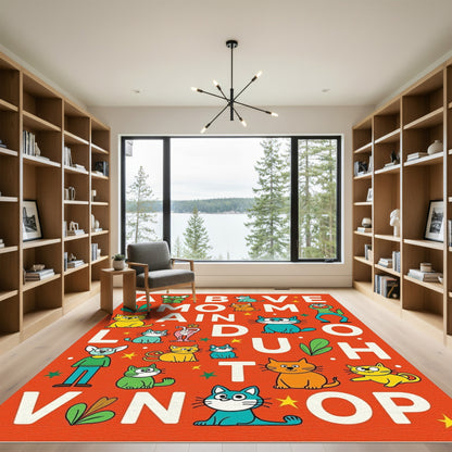 Playful Cat Alphabet Orange Rug