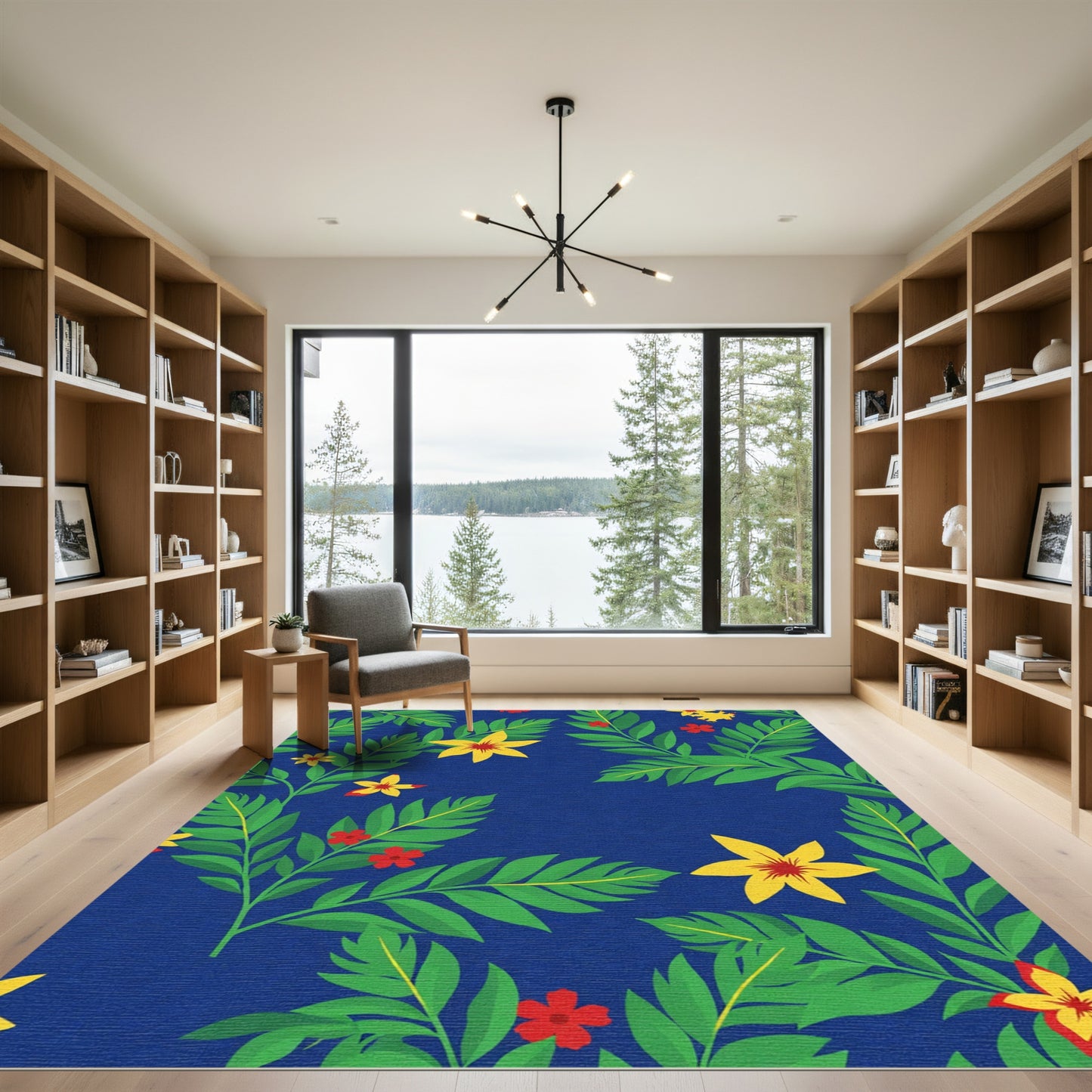 Vibrant Blue Tropical Floral Botanical Rug