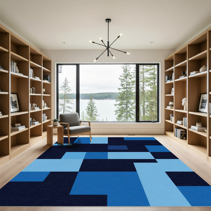 Deep Blue Geometric Abstract Blocks Rug