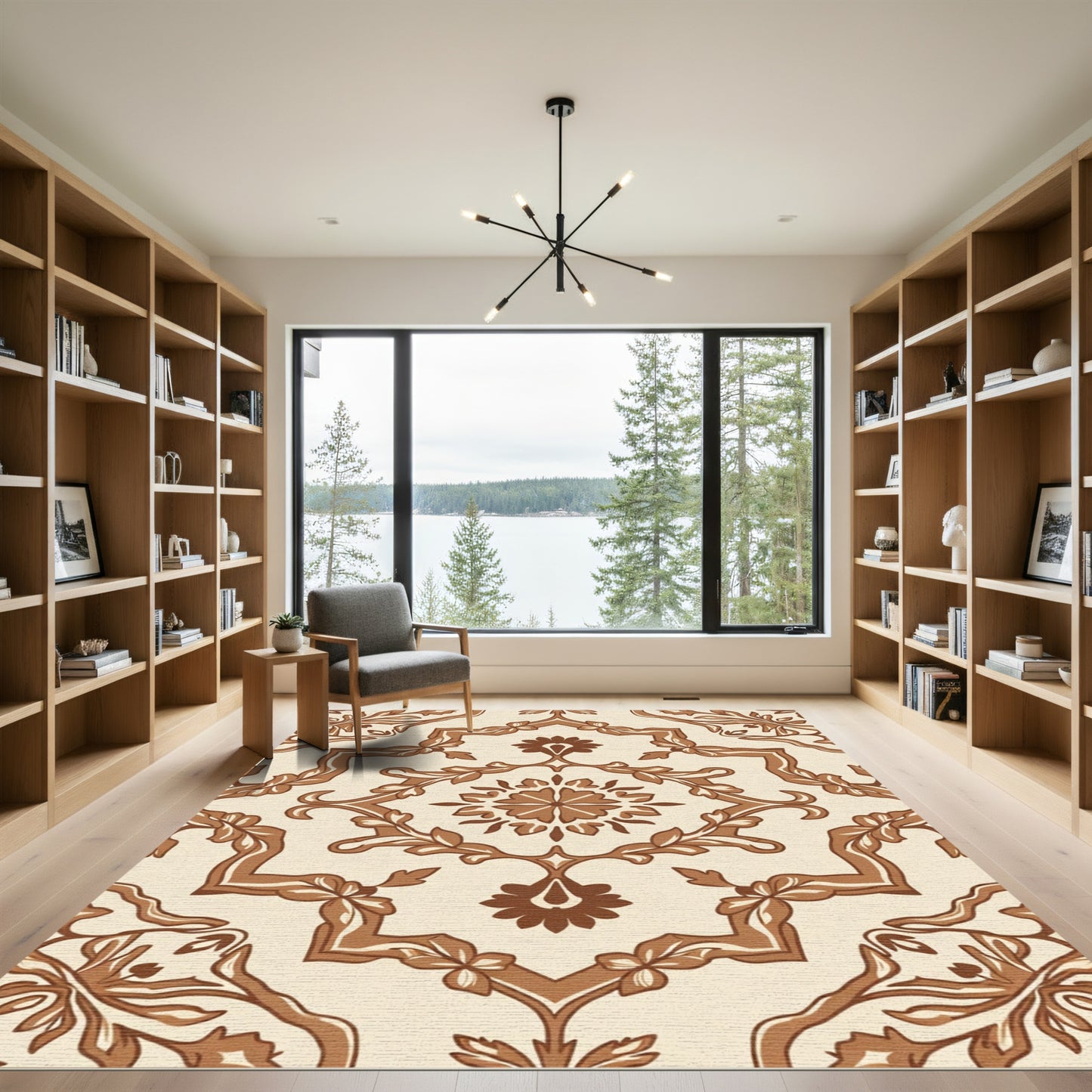 Brown Cream Floral Medallion Damask Rug