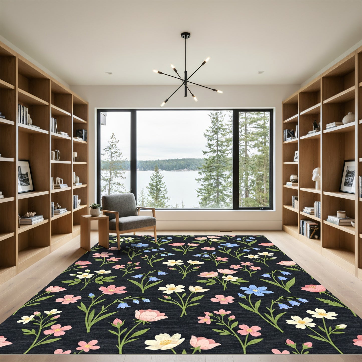 Pink Blue White Floral Stem Arrangement Rug