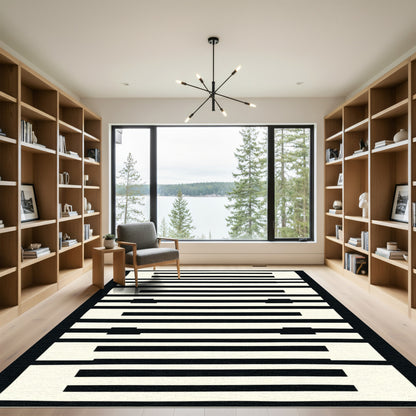 Bold Black Cream Geometric Stripe Rug