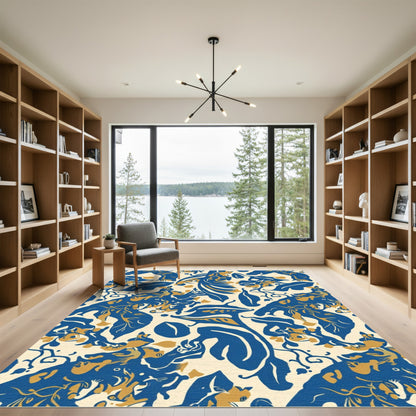 Blue Gold Lush Floral Swirl Rug