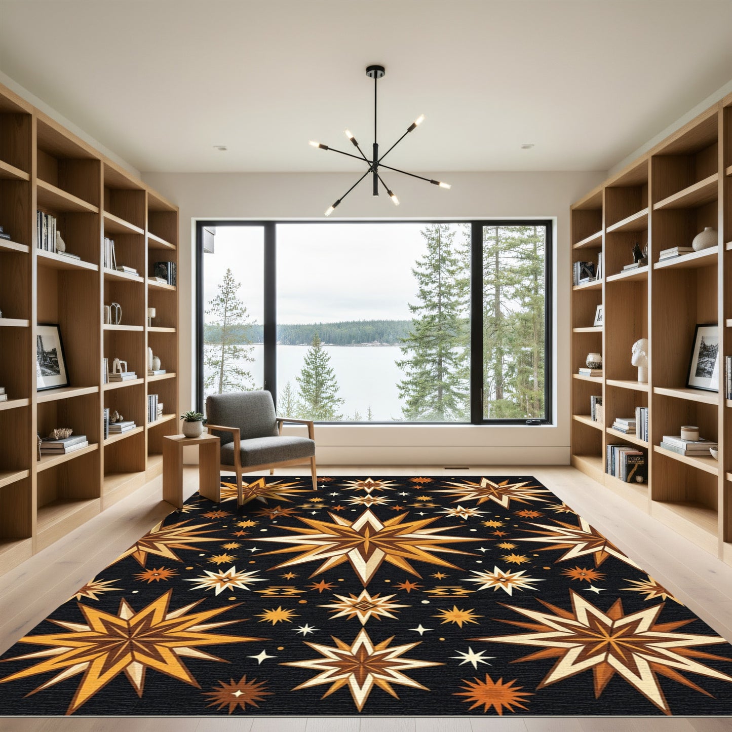 Golden Celestial Starry Night Geometric Rug
