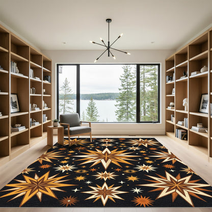 Golden Celestial Starry Night Geometric Rug