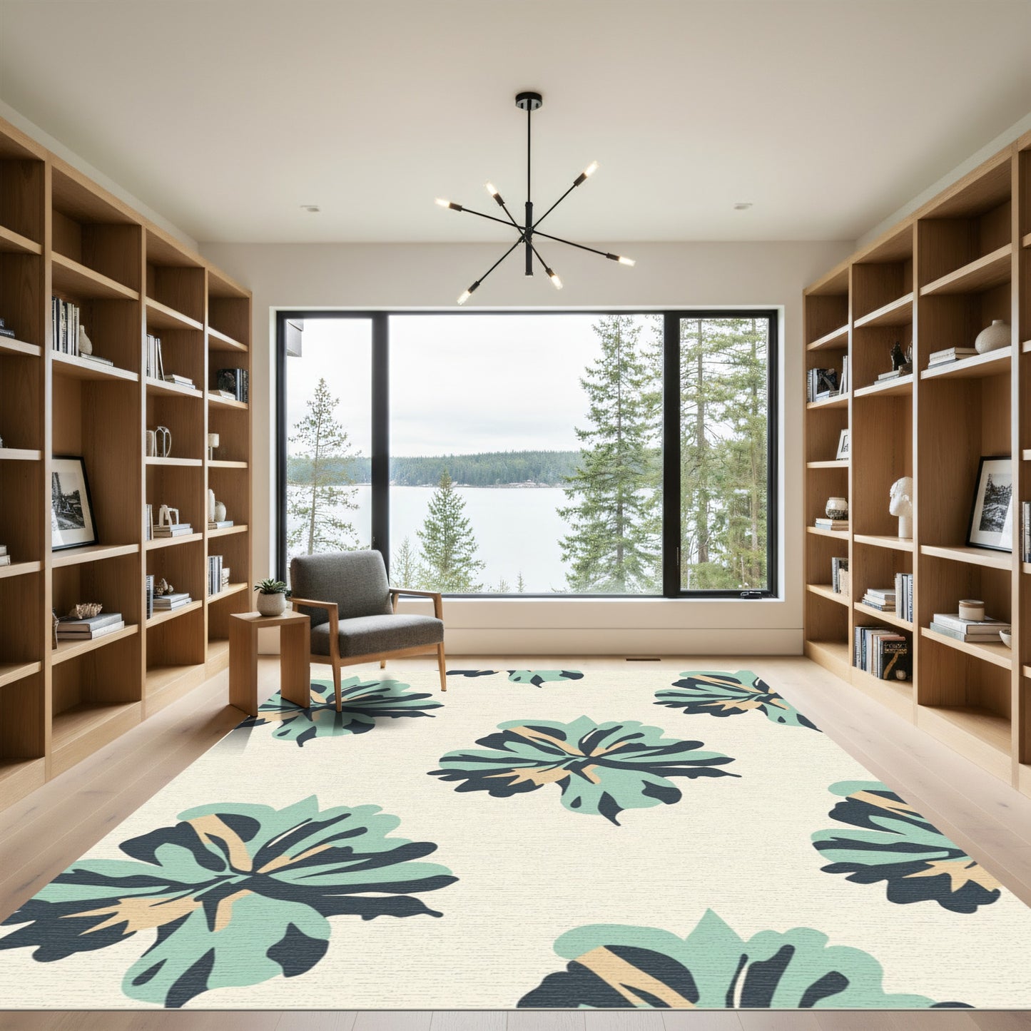 Muted Teal Abstract Floral Art Rug