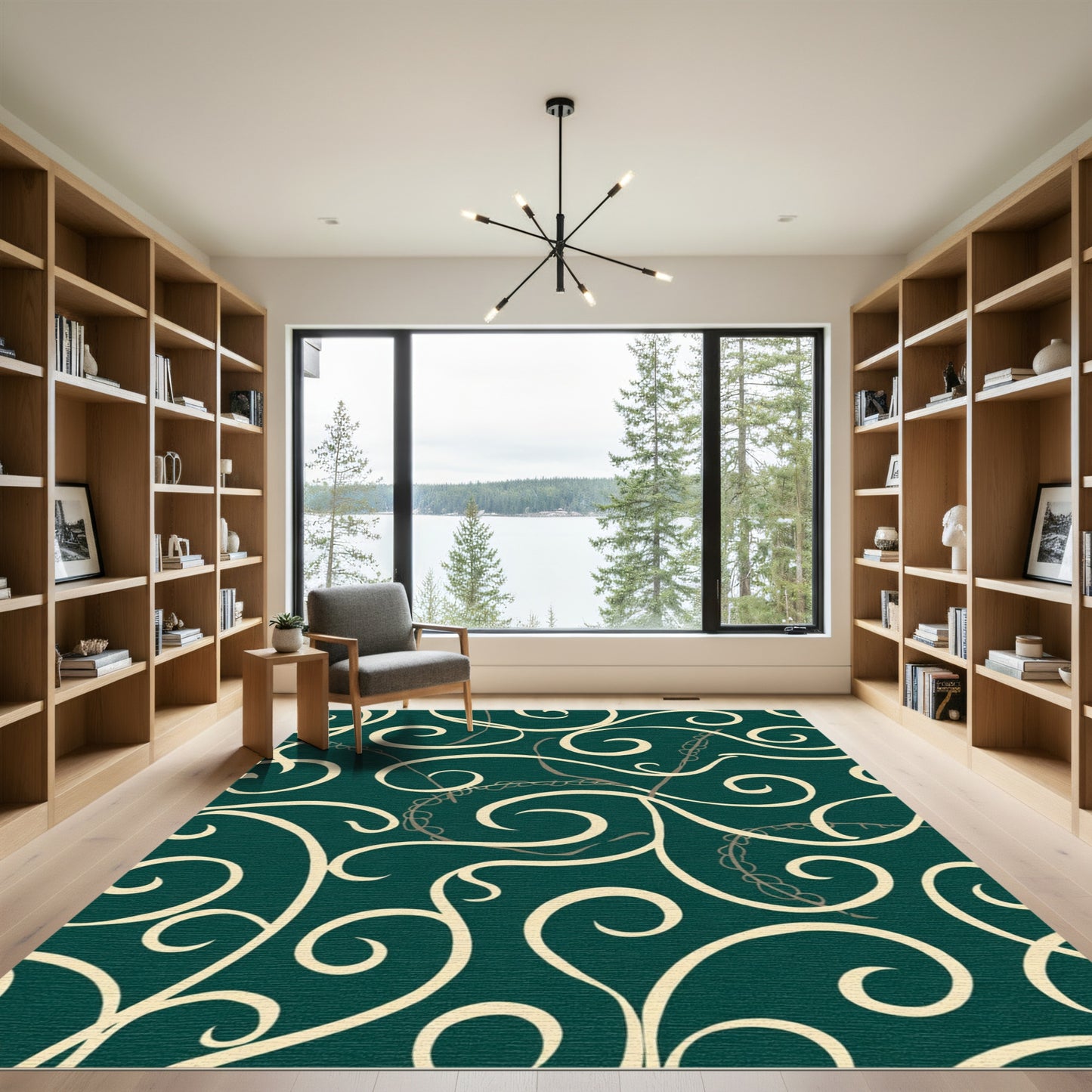 Cream Swirls on Emerald Green Background Rug