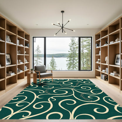 Cream Swirls on Emerald Green Background Rug