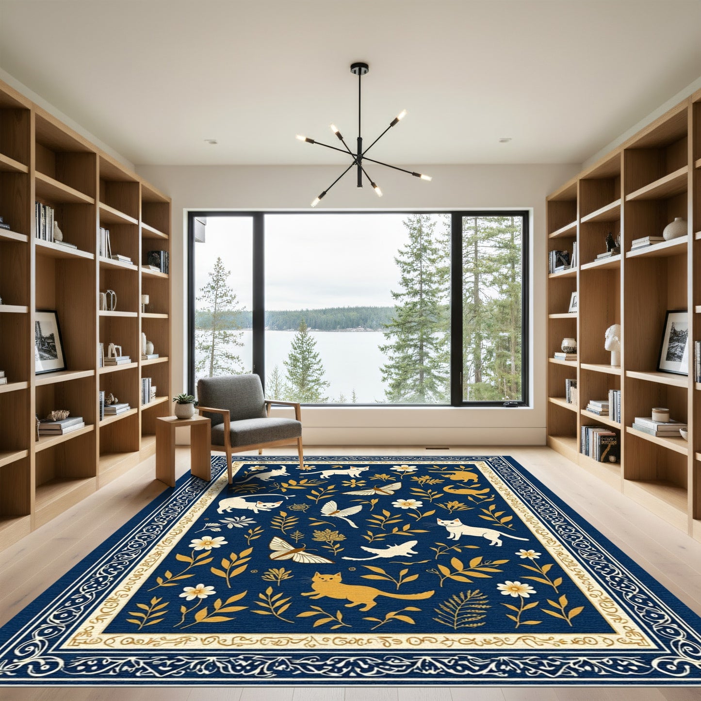 Whimsical Cats Butterflies Floral Navy Rug