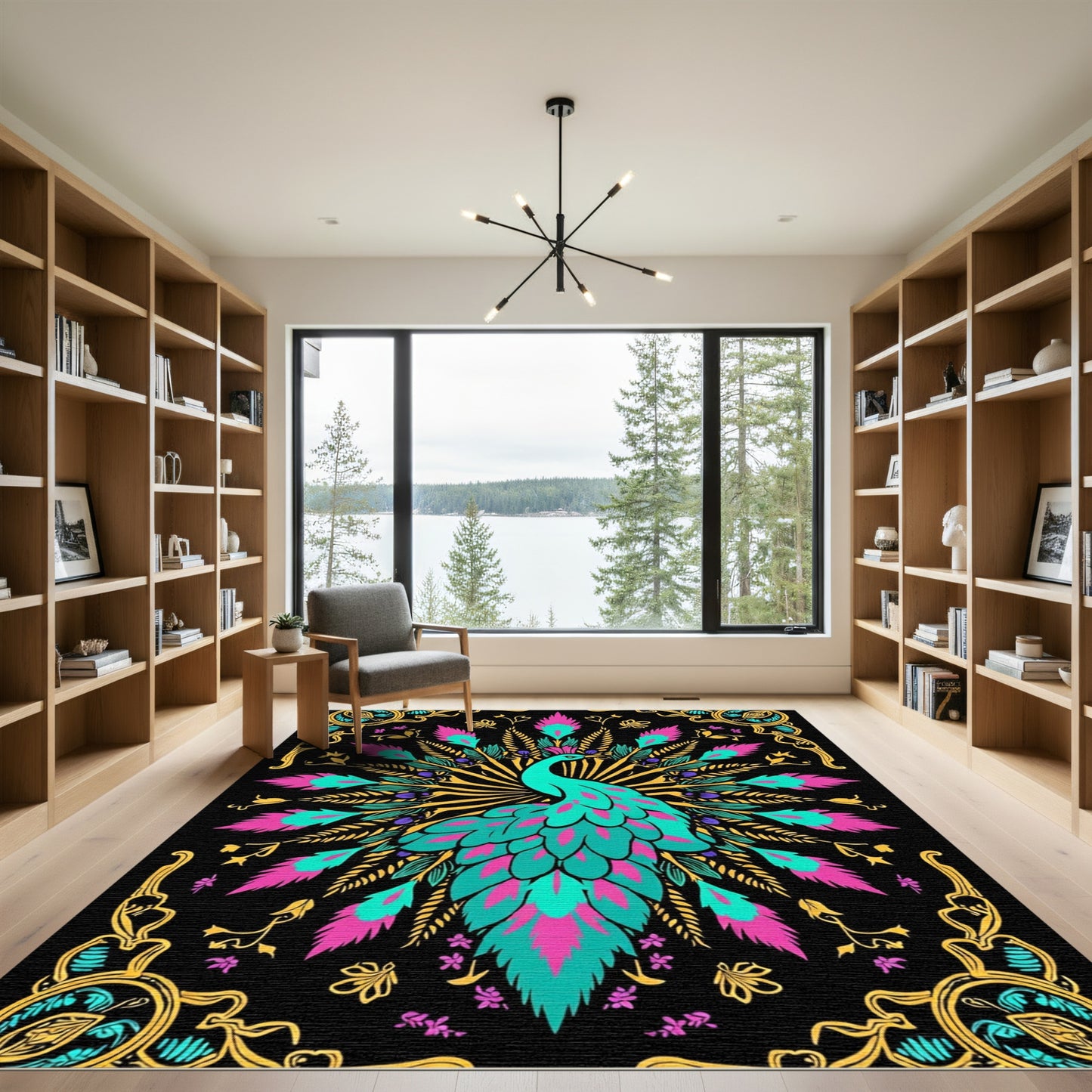 Vibrant Peacock Teal Pink Gold Art Rug