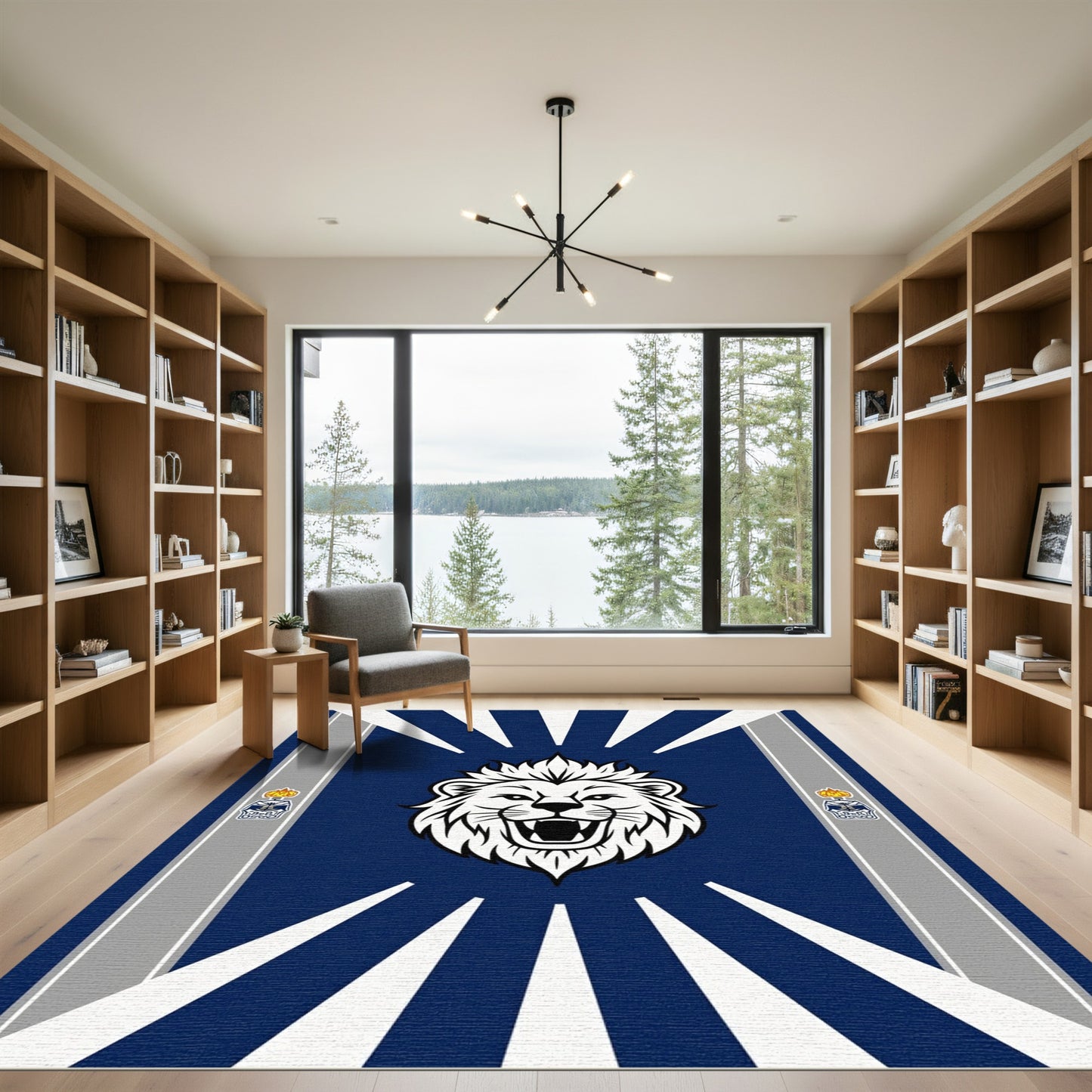 Bold Blue Lion Crest Radiating Rays Rug