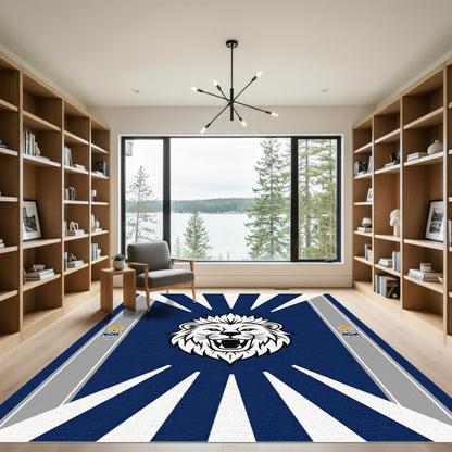 Bold Blue Lion Crest Radiating Rays Rug