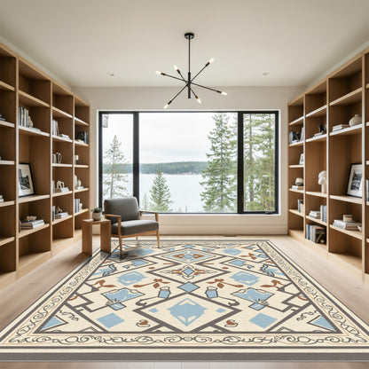 Cream Blue Brown Geometric Symmetry Rug