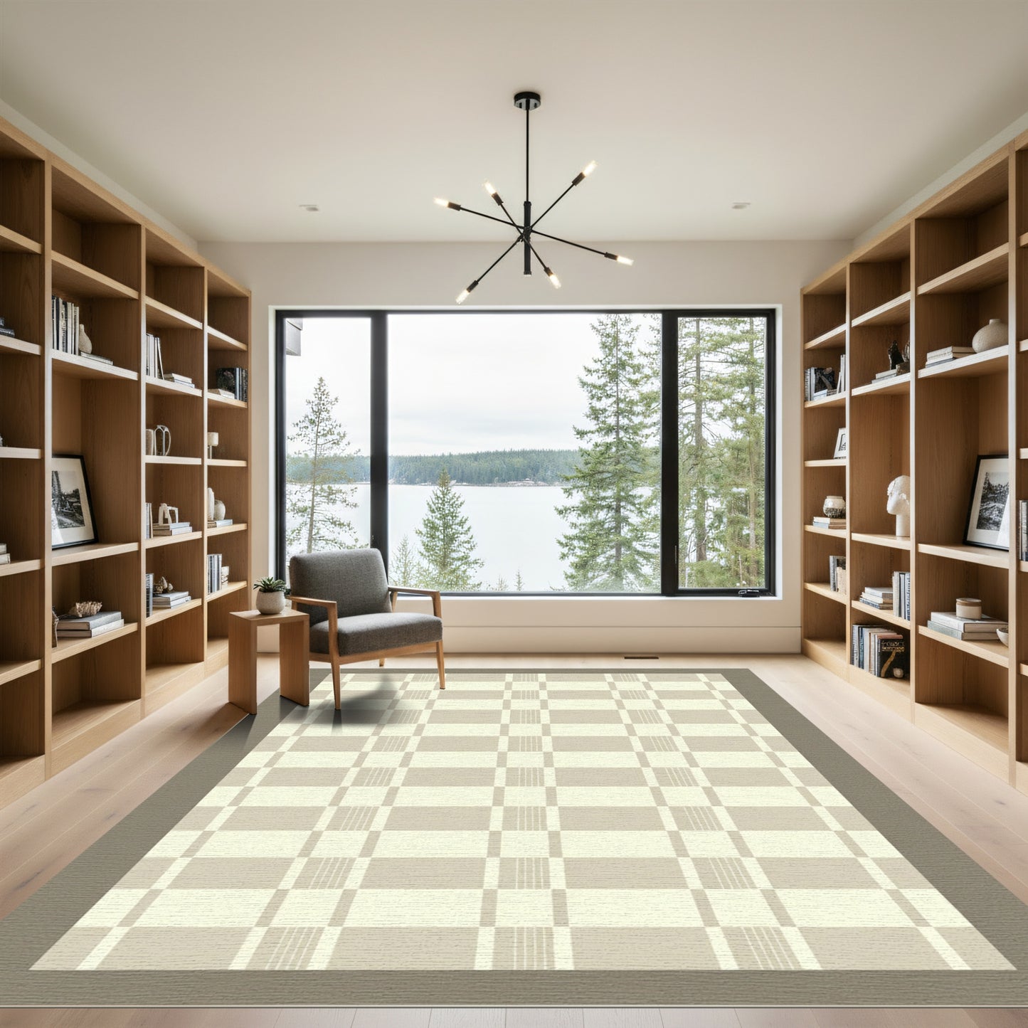 Soft Beige Grid Contemporary Rug