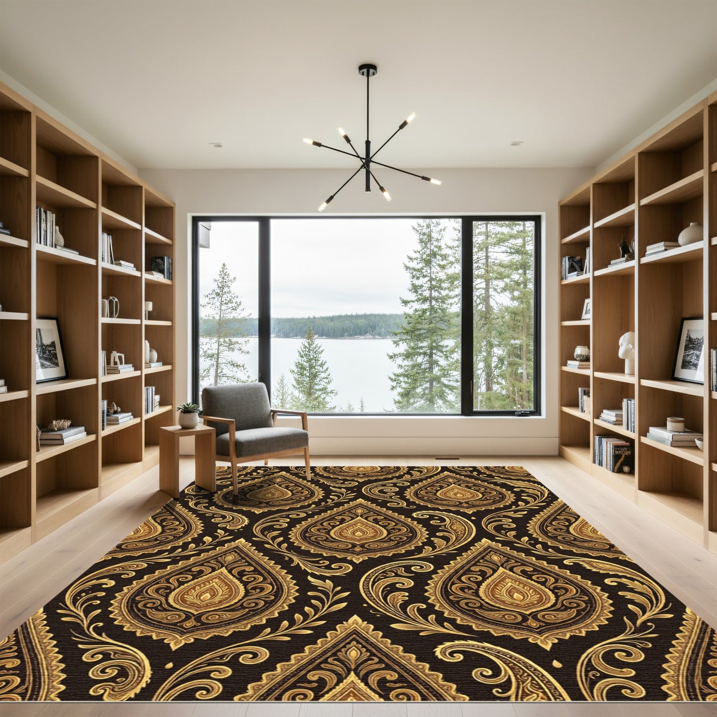 Ornate Gold Paisley Damask Scroll Rug